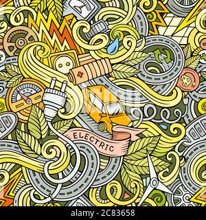 Cartoon cute doodles hand drawn Electric vehicle seamless pattern Stock Vector