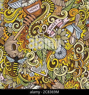 Cartoon cute doodles hand drawn Honey seamless pattern Stock Vector
