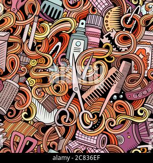 Cartoon cute doodles hairdressing salon seamless pattern Stock Vector