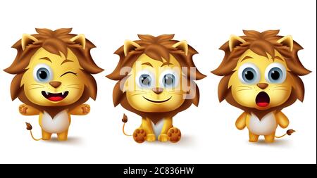 Lion animals vector character set. Little lions animal kids characters in different facial expression like cute, happy and surprise for wildlife. Stock Vector