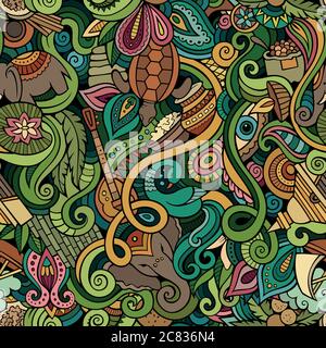 Cartoon cute doodles hand drawn Indian culture seamless pattern Stock Vector