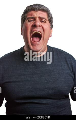 Man Shouting in Black T-shirt on White Background Stock Photo