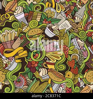 Cartoon hand-drawn doodles on the subject of fast food seamless pattern Stock Vector