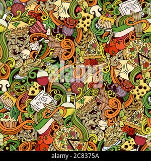 Cartoon doodles of italian cuisine seamless pattern Stock Vector