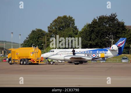 G-BWMF, a Gloster Meteor T7 operated by Classic Flight in the colours of WA591 of the RAF, about to be refuelled at the Leuchars Airshow in 2012. Stock Photo