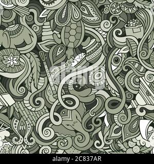 Cartoon cute doodles hand drawn Indian culture seamless pattern Stock Vector