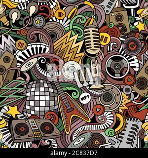 Cartoon cute doodles Disco music seamless pattern Stock Vector