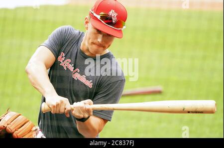 St. Louis, United States. 20th July, 2020. St. Louis Cardinals Tommy Edman swings a bat during batting practice at Busch Stadium in St. Louis on Monday, July 20, 2020. Photo by Bill Greenblatt/UPI Credit: UPI/Alamy Live News Stock Photo