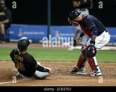 Cleveland, United States. 20th July, 2020. Pittsburgh Pirates Jose Osuna (36) is forced out at home plate by Cleveland Indians catcher Sandy Leon (9) in the seventh inning of an exhibition game at Progressive Field in Cleveland, Ohio on Monday, July 20, 2020. Major League Baseball is starting their 2020 season after the COVID-19 pandemic caused months of delays. Photo by Aaron Josefczyk/UPI Credit: UPI/Alamy Live News Stock Photo