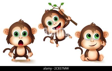 Monkey animals character vector set. Monkeys cute animal kids characters in different pose and gestures like surprise, thinking and hanging for jungle. Stock Vector