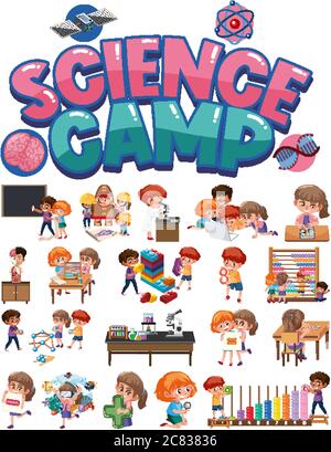 Science camp logo and set of children with education objects isolated illustration Stock Vector