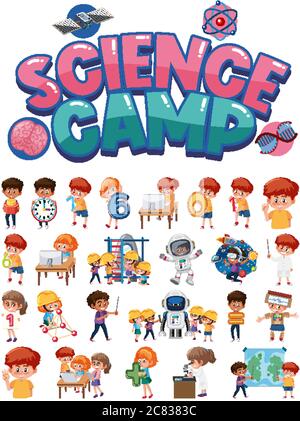 Science camp logo and set of children with education objects isolated illustration Stock Vector