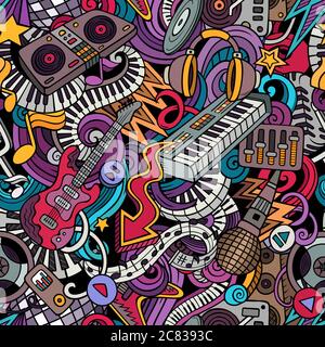 Cartoon cute doodles Disco music seamless pattern Stock Vector