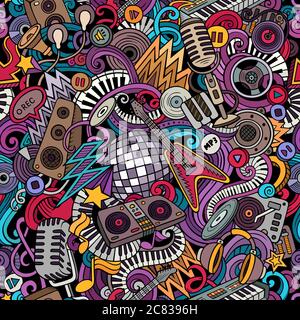 Cartoon cute doodles Disco music seamless pattern Stock Vector