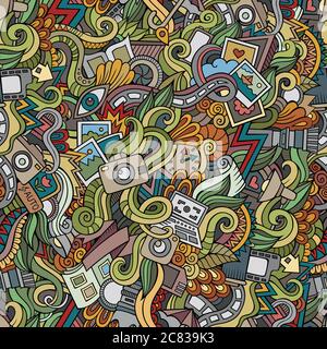 Cartoon hand-drawn doodles photography seamless patterns Stock Vector