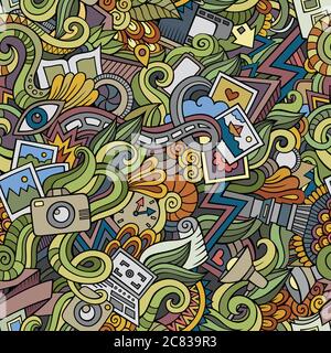 Cartoon hand-drawn doodles photography seamless patterns Stock Vector
