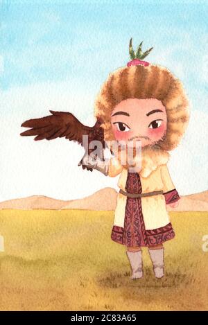 Mongolian man and his eagle on a meadow with a mountain range in background.  Watercolor hand painting illustration. Cartoon character in chibi style. Stock Photo