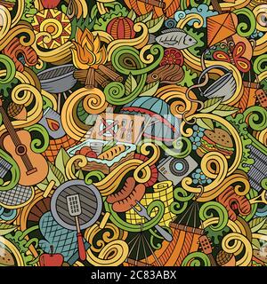Cartoon hand-drawn picnic doodles seamless pattern Stock Vector