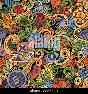 Cartoon hand-drawn picnic doodles seamless pattern Stock Vector