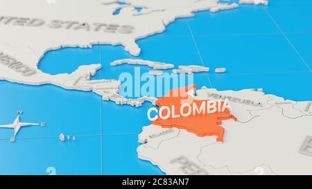 Simplified 3D map of South America, with Colombia highlighted. Digital 3D render. Stock Photo