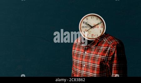 watches clock instead of human head, work time concept, creative idea Stock Photo
