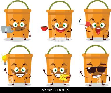 Halloween bucket cartoon character with various types of business emoticons Stock Vector
