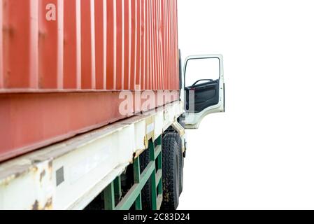 Side view of the truck with red trailer isolated over white background Stock Photo