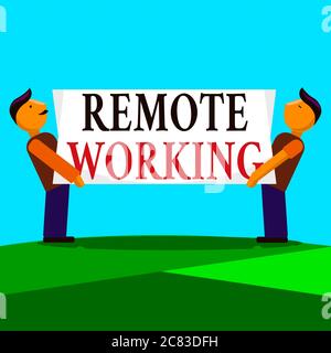Writing note showing Remote Working. Business concept for style that allows professionals to work outside of an office Two Men Standing Carrying Recta Stock Photo