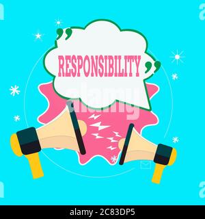 Writing note showing Responsibility. Business concept for the condition or reality that has to deal with something Speech Bubble with Quotation Mark M Stock Photo