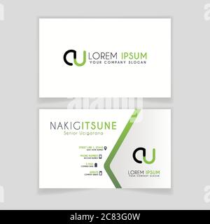 Simple Business Card with initial letter CU rounded edges with green accents as decoration. Stock Vector