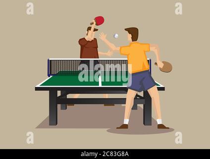 Cartoon vector illustration of ping pong players smashing ping pong ball with bats in an exciting game isolated on plain background. Stock Vector