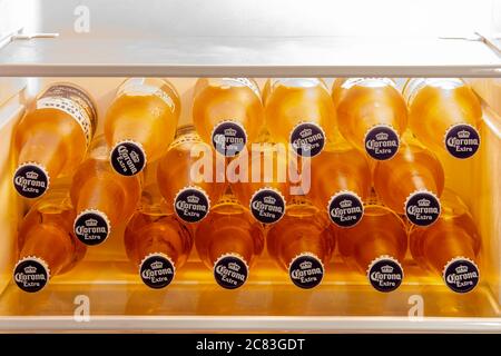 Calgary, AB, Canada. July 20, 2020. Corona beer bottles on a mini fridge. Stock Photo