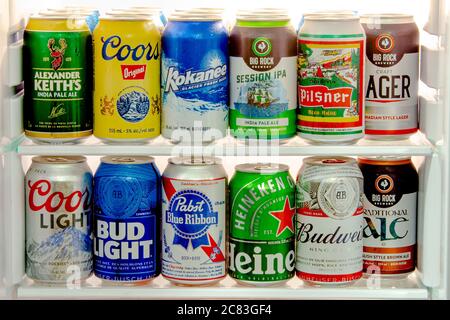 Calgary, AB, Canada. July 20, 2020. Various craft Domestic and imported beers from around the world on a mini fridge Stock Photo