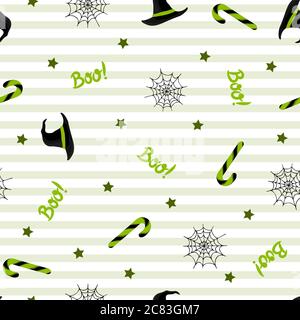 Seamless pattern with halloween hat, candies and spider web on white background. For wrapping paper, invitations, web design. Vector illustration in Stock Vector