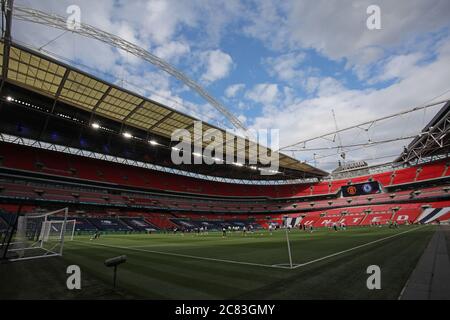 Wembley, UK. 19th July, 2020. A general view as the players warm-up at the Emirates FA Cup Semi-Final match Chelsea v Manchester United, at Wembley Stadium, London, UK on July 19, 2020. The match is being played behind closed doors because of the current COVID-19 Coronavirus pandemic, and government social distancing/lockdown restrictions. Credit: Paul Marriott/Alamy Live News Stock Photo