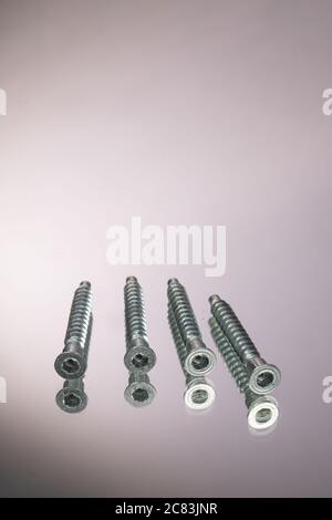 Countersunk wood screws on a gray background. Stock Photo