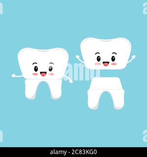 Cute tooth with dental crown emoji icon set isolated on background. Stock Vector