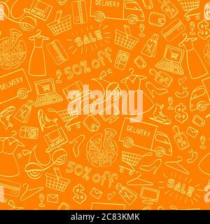 Online shopping seamless pattern. Hand drawn e-commerce objects isolated on orange background. Vector illustration. Stock Vector
