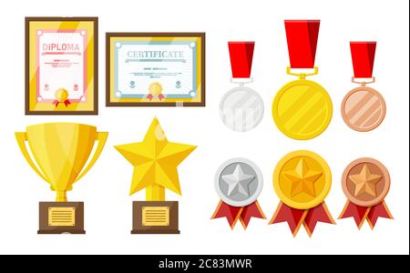 Trophy and awards collection. Diploma and certificate in frames. Competition prizes, cups and medals. Award, victory, goal, champion achievement. Vector illustration in flat style Stock Vector