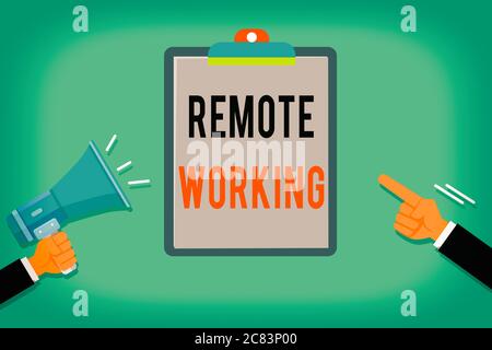 Word writing text Remote Working. Business photo showcasing style that allows professionals to work outside of an office Two Hu analysis Hands Holding Stock Photo