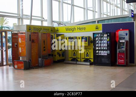 8 July 2020 The empty self weigh in machines in the terminal building at the Liverpool John Lennon Airport, England, during the Corona Virus Crisis Stock Photo