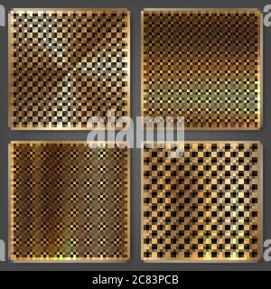 Realistic perforated brushed metal textures set. Polished stainless steel background. Vector illustration. Stock Vector