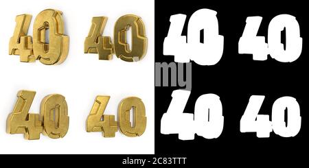 Set of golden number 40 (number forty) left side view and right side view, with alpha channel and shadow on white background. 3D illustration Stock Photo