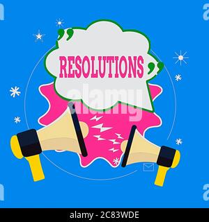 Writing note showing Resolutions. Business concept for defined with being firmly fixed on something or commitment Speech Bubble with Quotation Mark Me Stock Photo