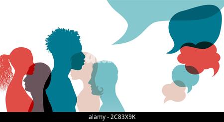 Silhouette heads face international people in profile talking and communicating. Speech bubble. Communication. Communicate share ideas information Stock Vector