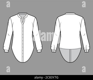 Women Shirt Dress with Mandarin Collar Flat Fashion Sketch Template.  Technical Fashion Illustration. Hidden Placket Blouse Stock Vector -  Illustration of draw, mandarin: 213776842