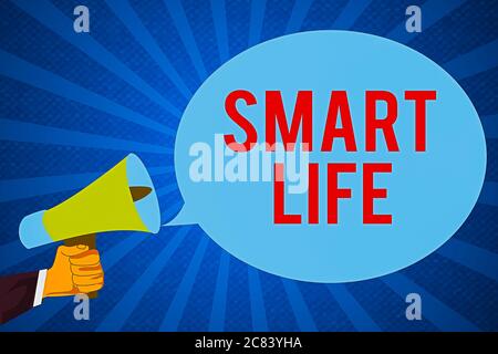 Word writing text Smart Life. Business photo showcasing technology that works to make living enjoyable and comfortable Hu analysis Hand Holding Megaph Stock Photo