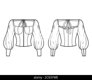 Victorian button-embellished blouse technical fashion illustration