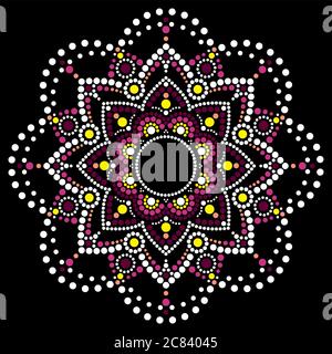 Dot art vector ethnic mandala, traditional Aboriginal dot painting design, indigenous decoration from Australia in pink and white Stock Vector