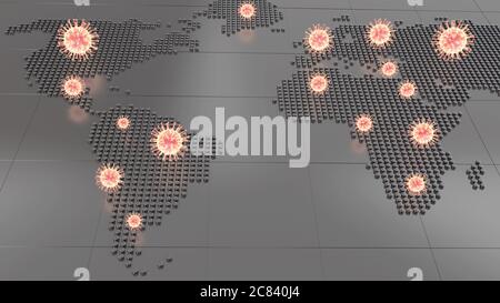 3D rendering of coronavirus molecules over the map of world Stock Photo